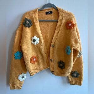 Yellow Cardigan Sweater with Floral Accents